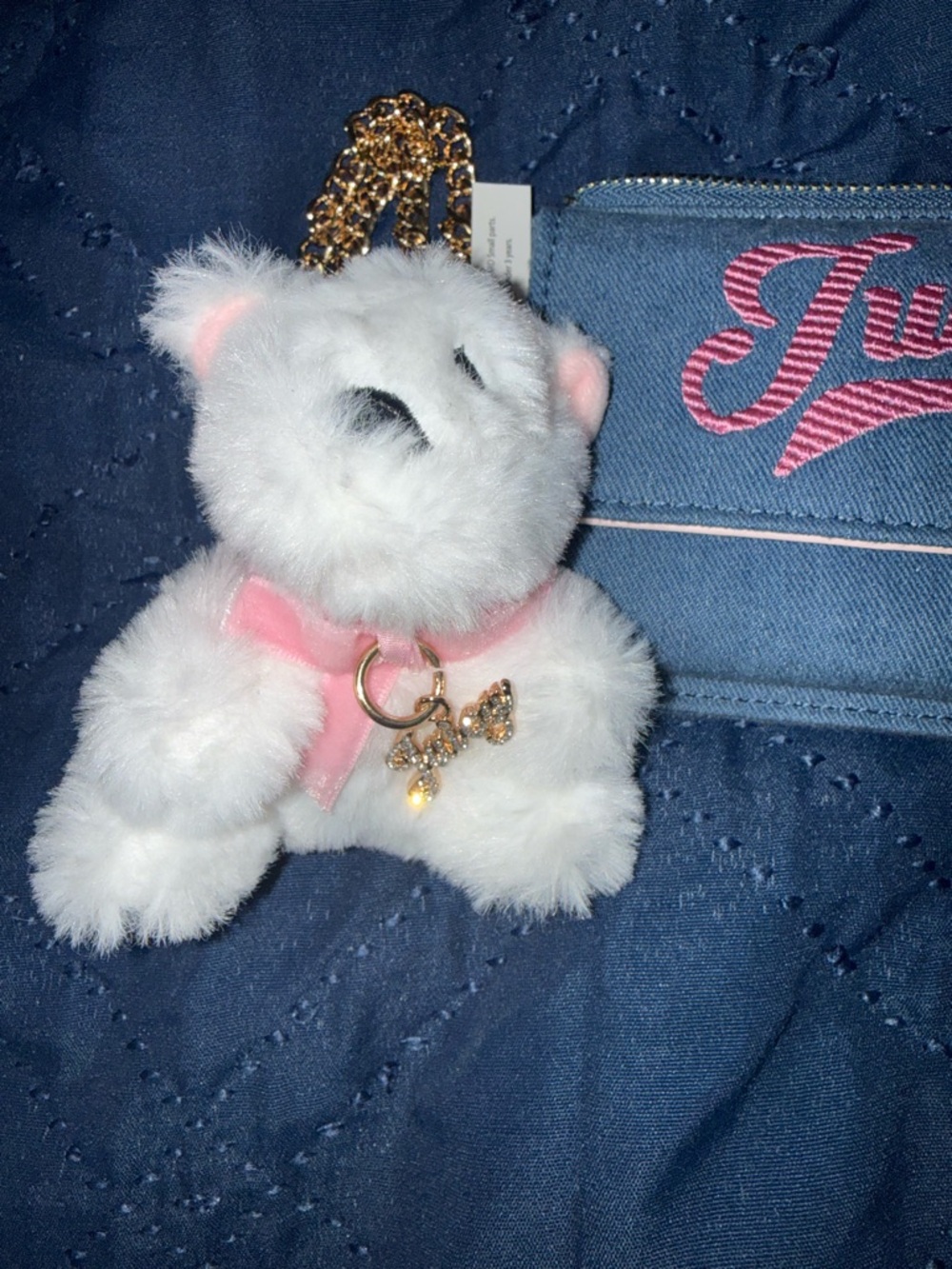 Juicy Couture Blue Denim Wallet with Pink Script Logo and White Plush Charm - Picture 3 of 6